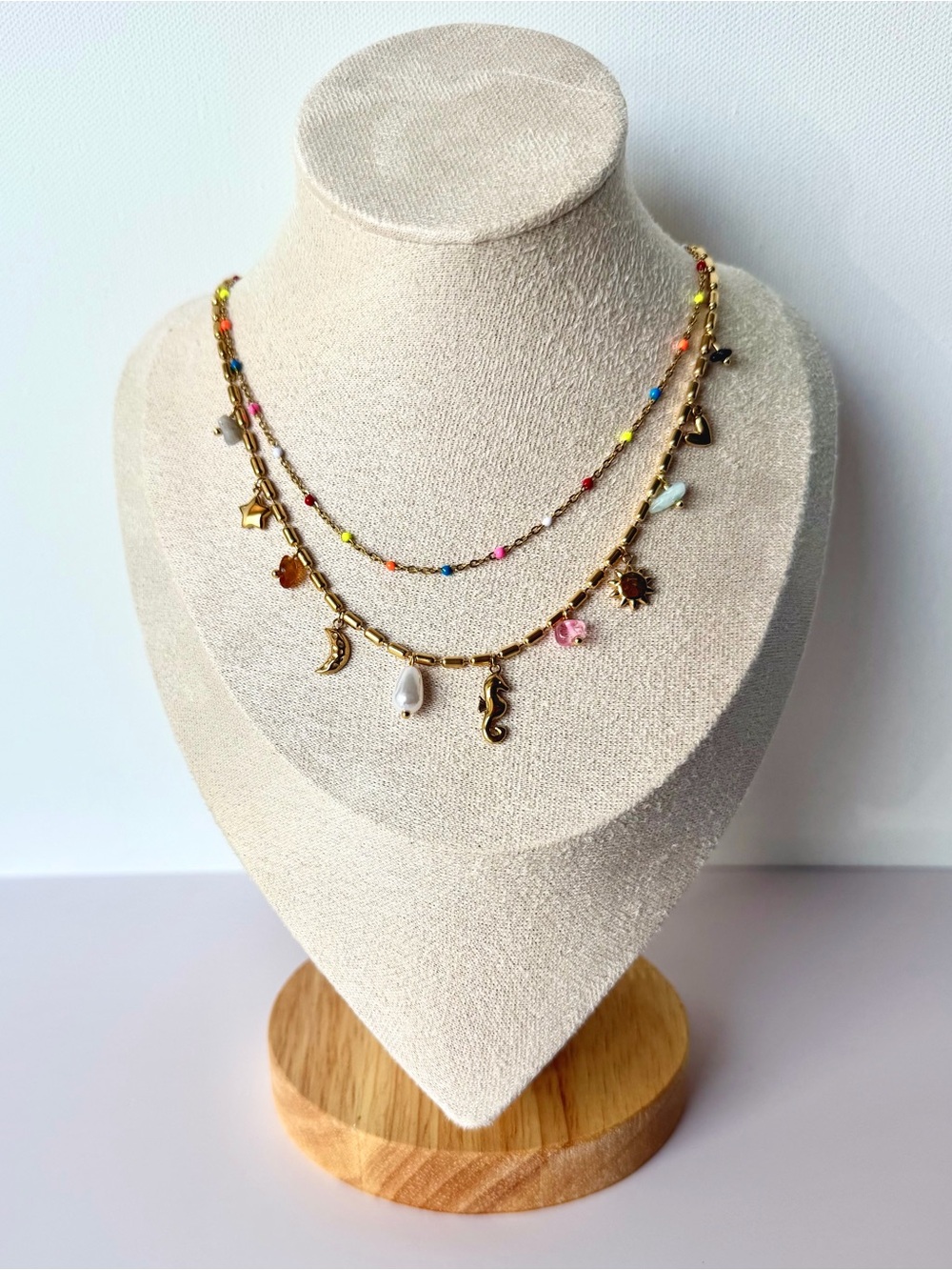 Colorful Beaded Charm Layered Necklace Set | Gold Stainless Steel | Waterproof